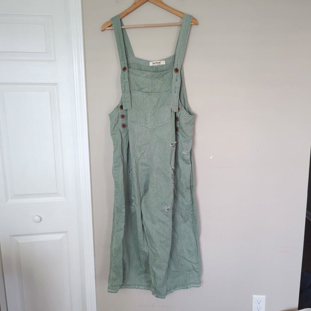 Three Bird Nest Green Slouchy Oversized Distressed Overalls Large Boho Baggy